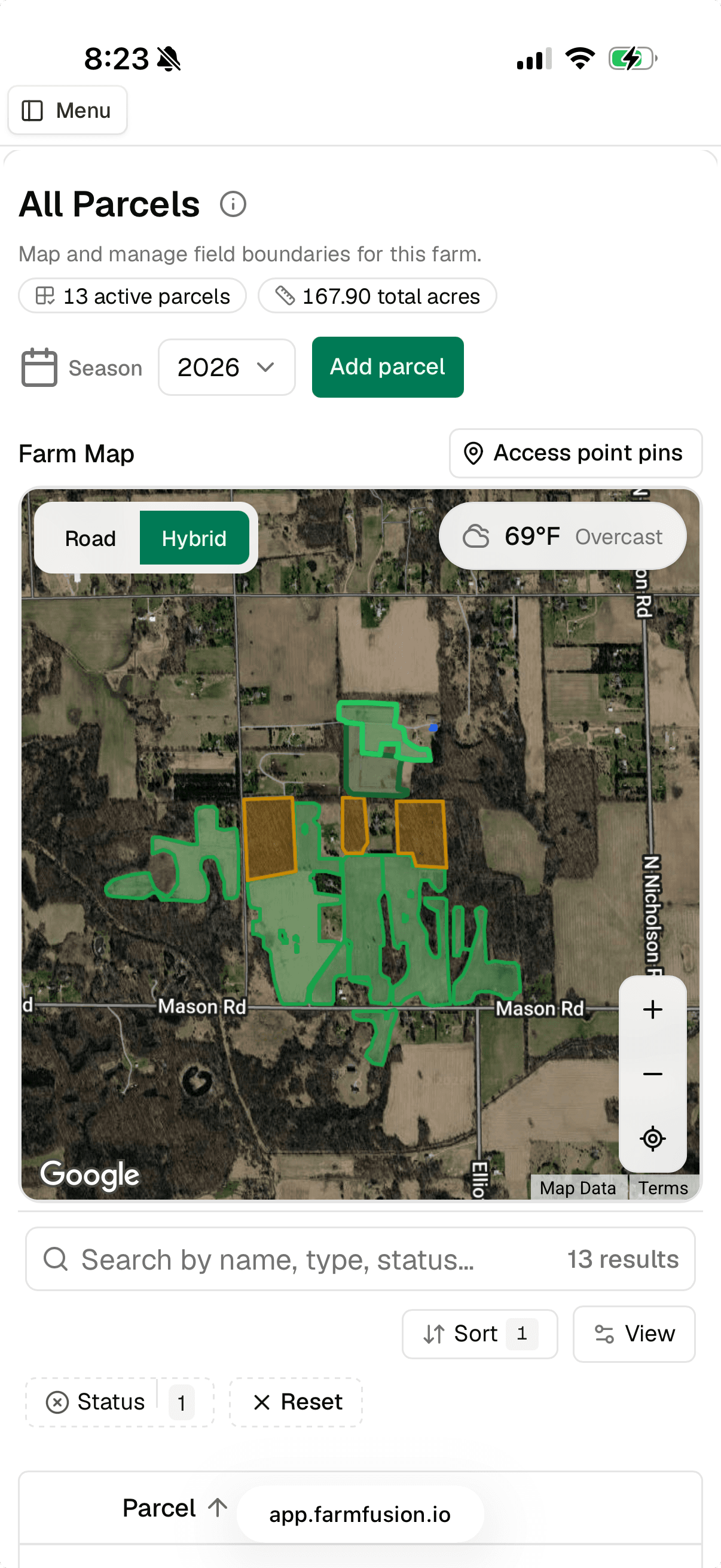 FarmFusion mobile app: parcels map and field boundaries